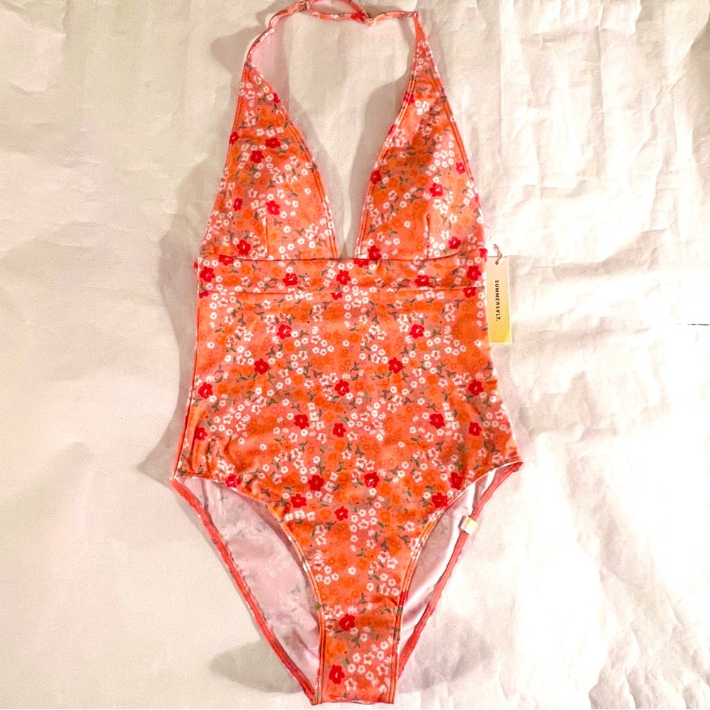 Summersalt Deep V Halter Swimsuit Size 6 in Orange Floral
